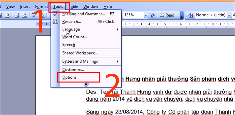 Vào Word chọn Tools sau đó chọn Options
